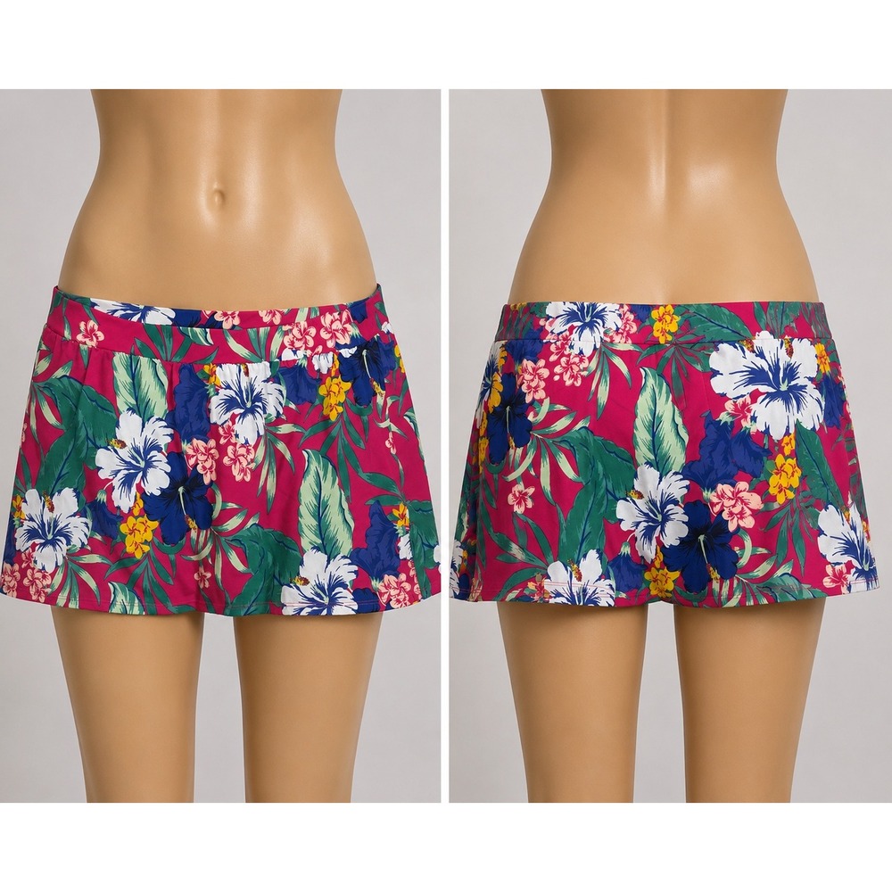 Swim by Cacique Womens Pink Tropical Hibiscus Floral Skirted Bikini Bottom 16